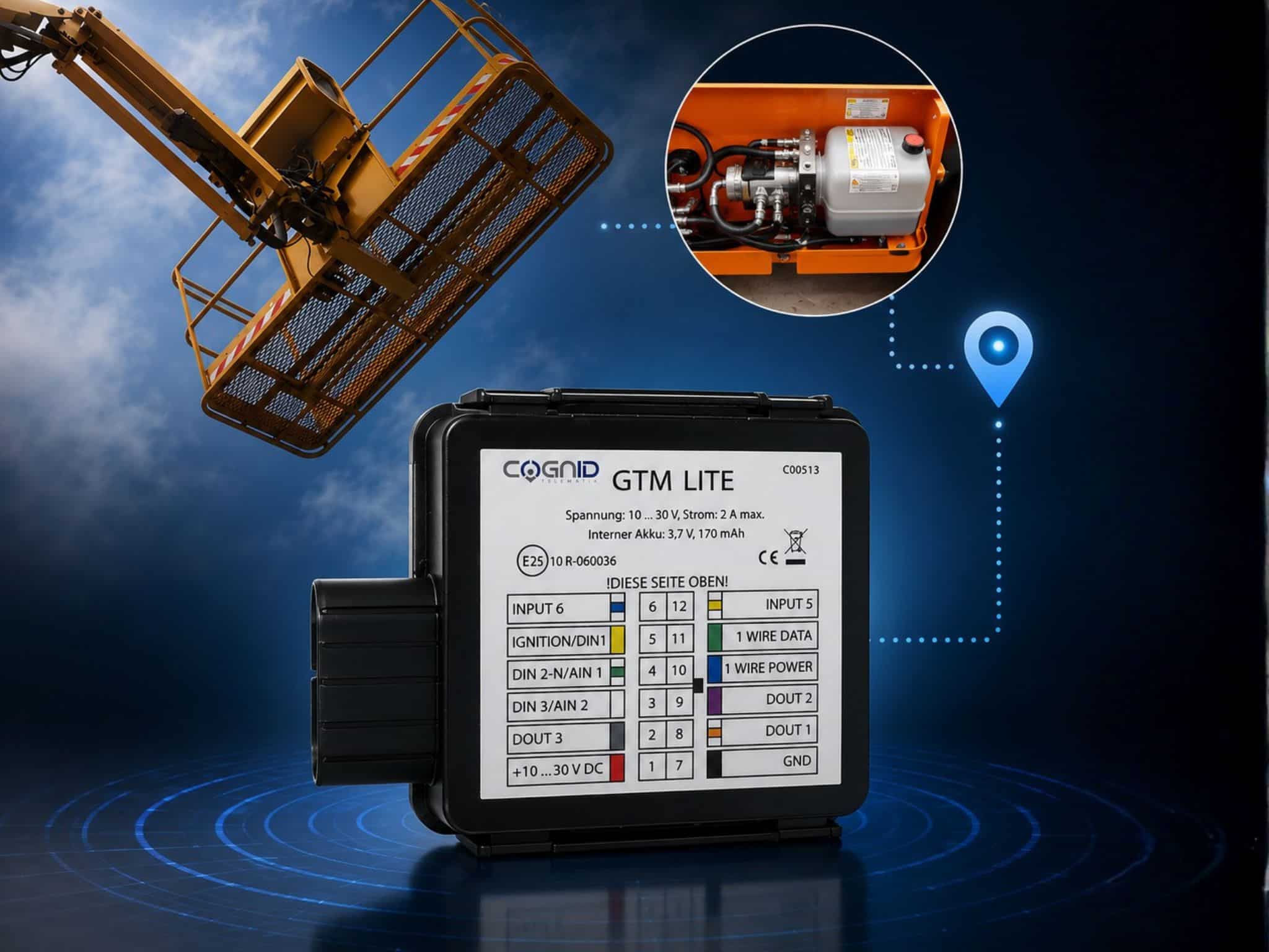 Cognid GTM Lite GPS-Tracker mit Kranarm im Hintergrund