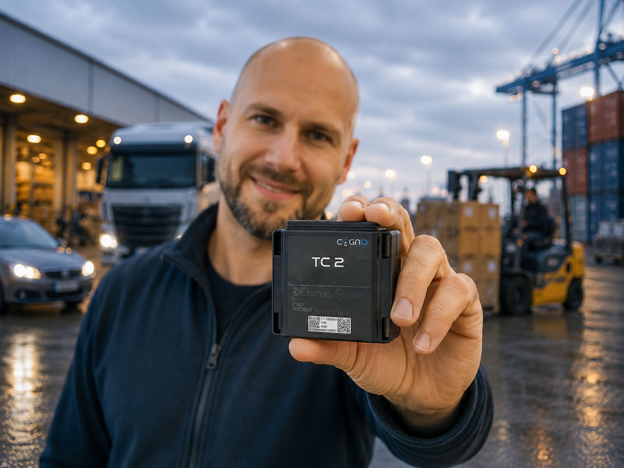 Lächelnder Mann hält GNSS-Tracker TC2 auf einem Logistikgelände