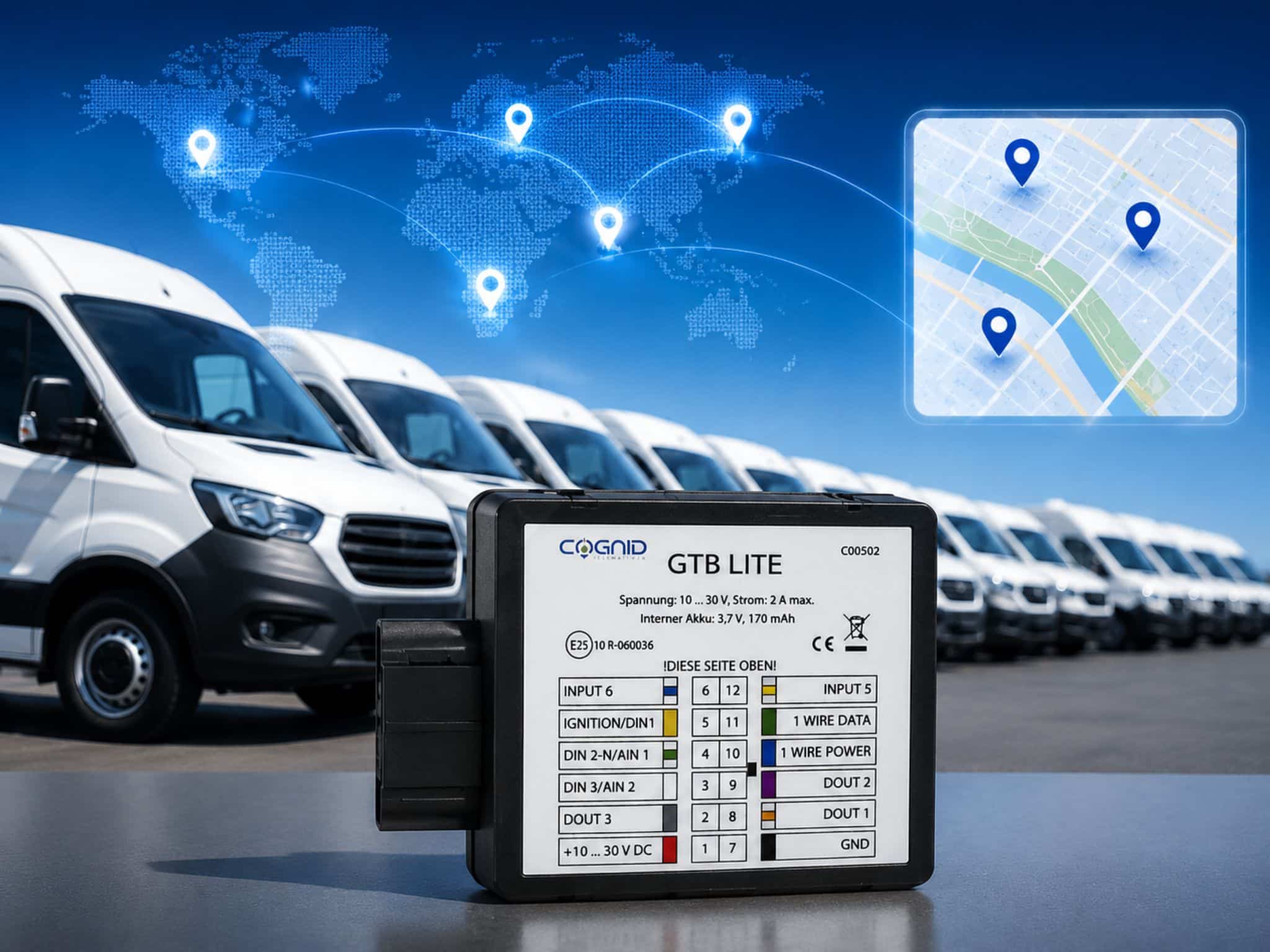 GTB -Tracker zur Fahrzeugortung mit Lieferwagen und digitaler Weltkarte