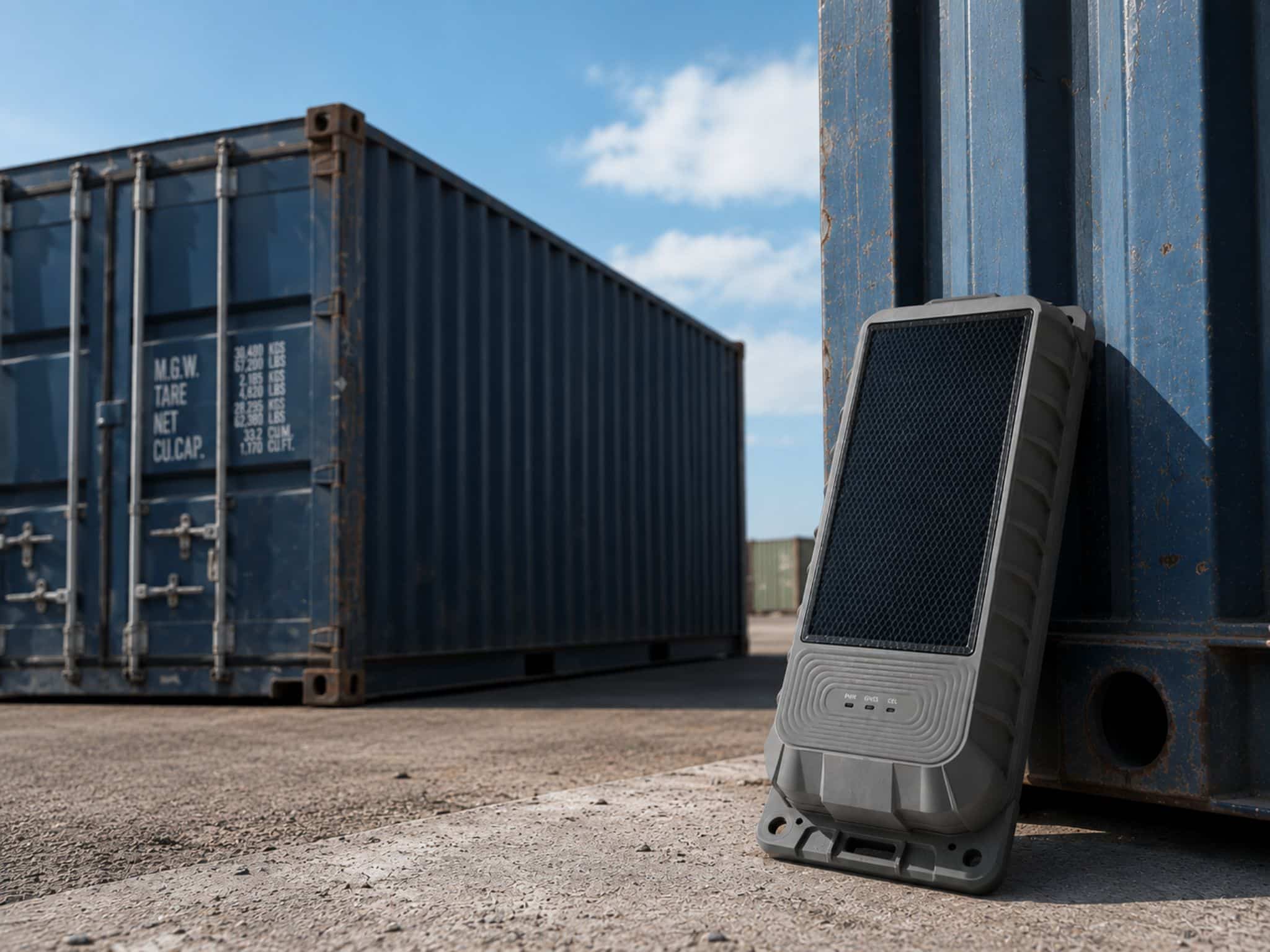 Mobiles Solarpanel-Ladegerät neben Frachtcontainer für nachhaltige Energie