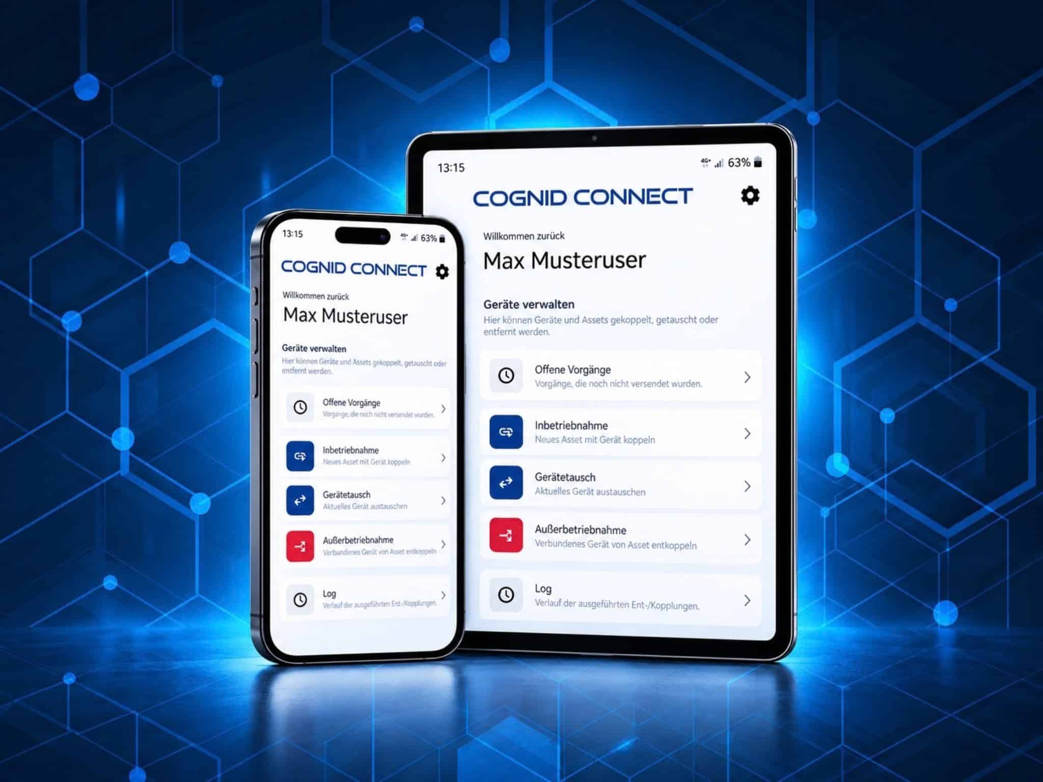 App Support 1 Cell phone and tablet with the CogniD Connect app on a blue background